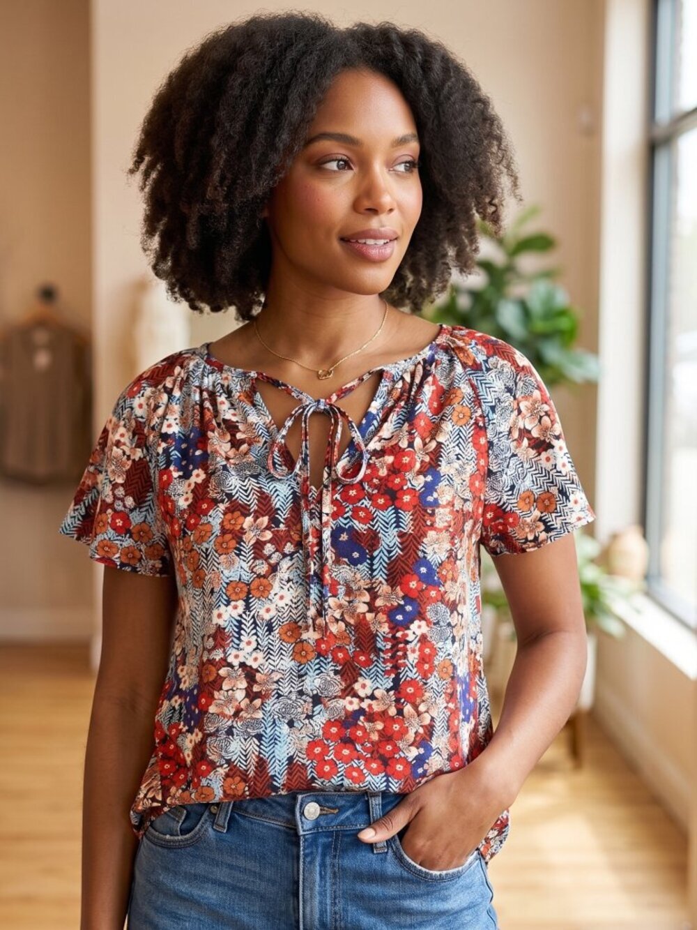 NWOT | Terracotta Floral Flutter Sleeve Tie Neck Top Botanical Print | Small